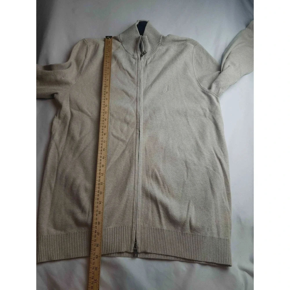 Nautica Full Zip Sweater Mens Size XL Beige Knit Mock Neck Long Sleeve Casual